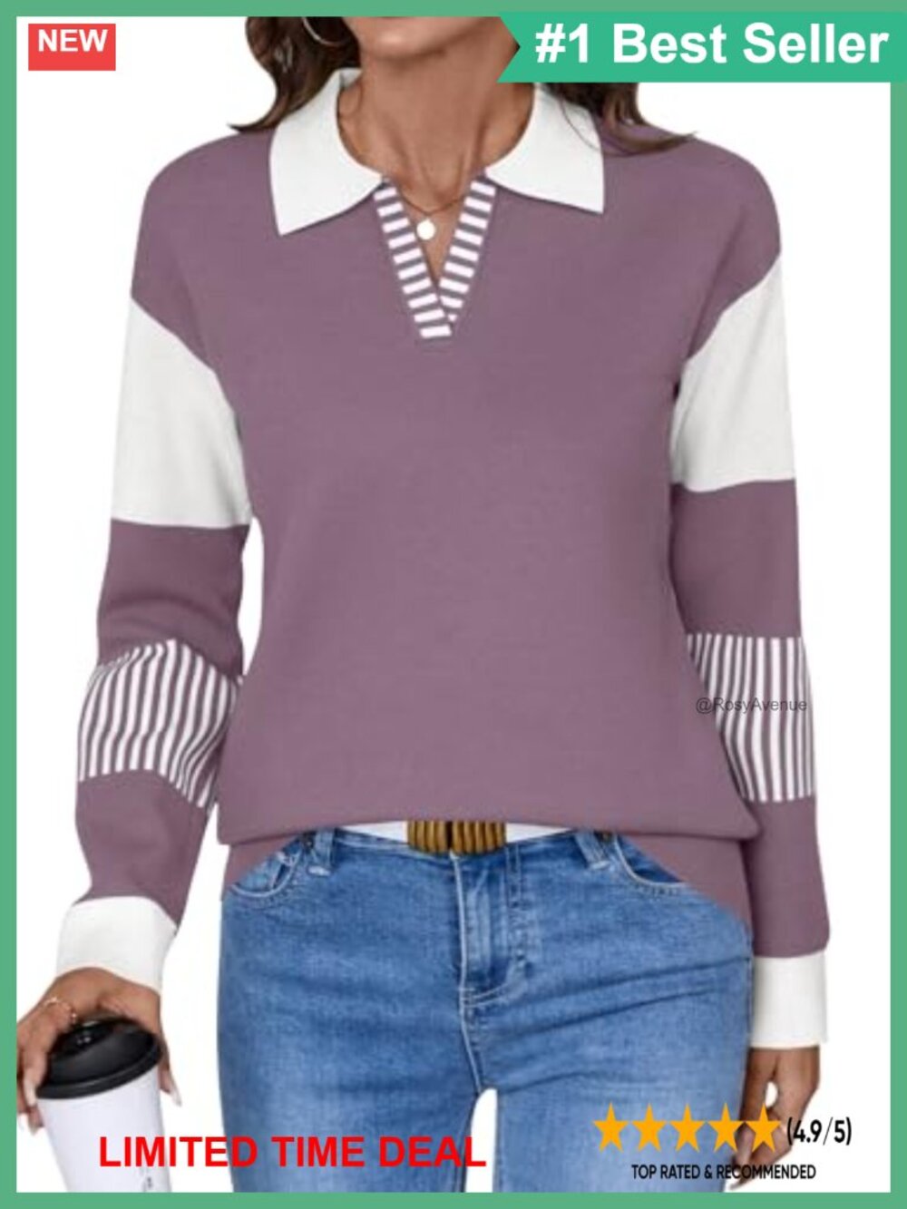 V Neck Long Sleeve Loose Knitted Pullover Sweater Striped Color Block
